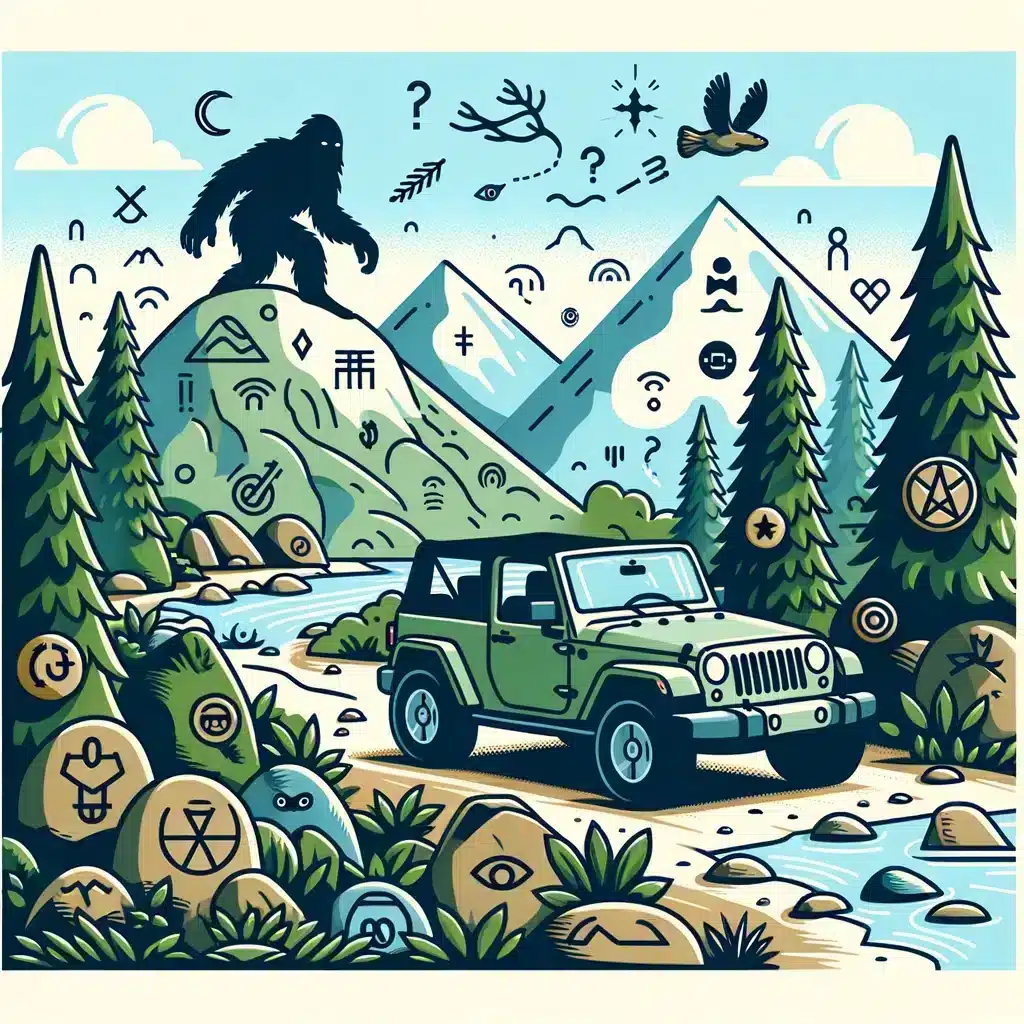 Illustration - A whimsical landscape showing a Jeep driving on a mountain trail. Hidden Easter eggs like symbols, creatures, and emblems are subtly incorporated into the design of the Jeep and the surrounding environment. Bigfoot stands tall on a peak, watching the Jeep, symbolizing the spirit of adventure.